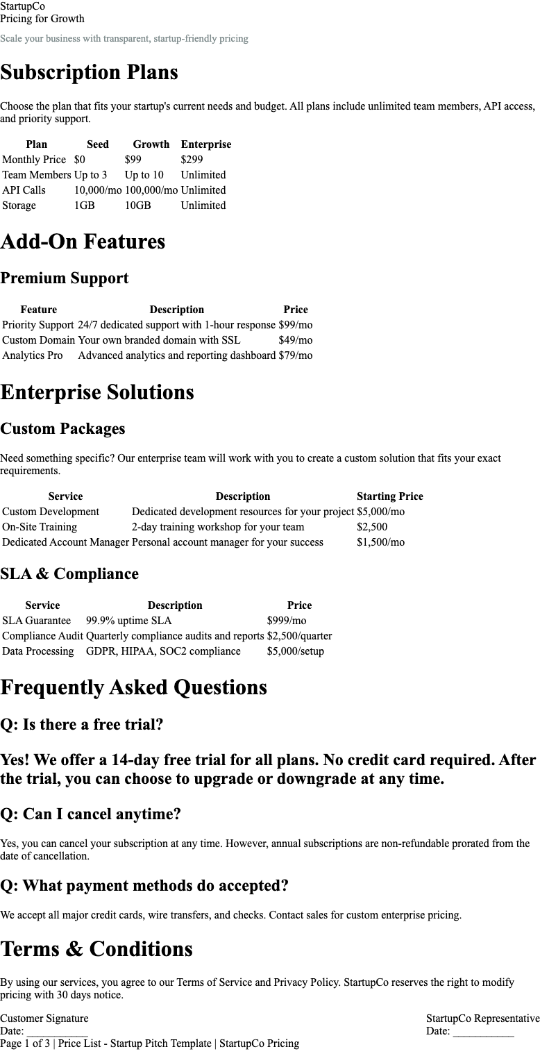 Startup Pitch price list Template